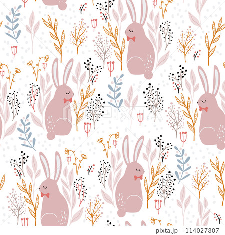 Seamless forest pattern with adorable rabbits in floral elements. Creative forest texture for fabric, wrapping, textile, wallpaper, apparel. Vector illustration Seamless forest pattern with adorable rabbits in floral elements. Creative forest texture for fabric, wrapping, textile, wallpaper, apparel. Vector illustration 114027807