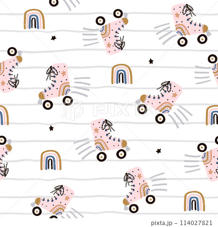 Seamless childish pattern with colorful roller skates and rainbow. Creative scandinavian style kids texture for fabric, wrapping, textile, wallpaper, apparel. Vector illustration 114027821