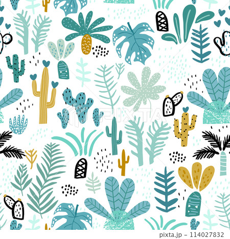 Seamless jungle pattern with cactuses, branches, palm leaves. Creative floral texture. Great for fabric, textile Vector Illustration Seamless jungle pattern with cactuses, branches, palm leaves. Creative floral texture. Great for fabric, textile Vector Illustration 114027832