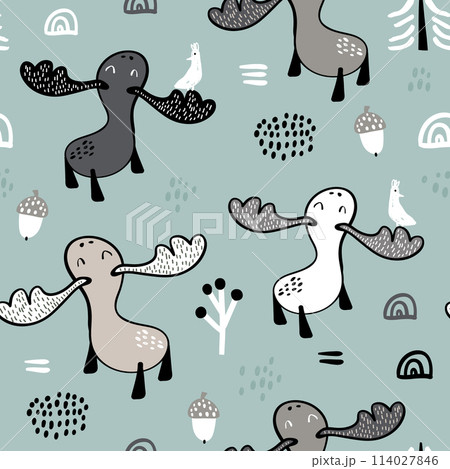 Seamless childish pattern with mooses in the forest. Creative woodland texture for fabric, wrapping, textile, wallpaper, apparel. Vector illustration Seamless childish pattern with mooses in the forest. Creative woodland texture for fabric, wrapping, textile, wallpaper, apparel. Vector illustration 114027846