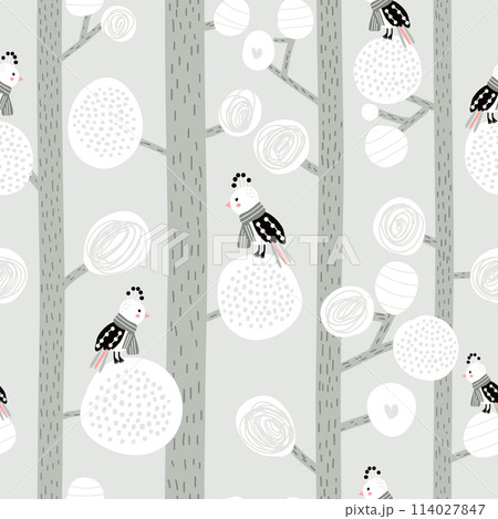Seamless pattern with birds in scarf on trees. Winter forest creative texture. Vector illustration Seamless pattern with birds in scarf on trees. Winter forest creative texture. Vector illustration 114027847