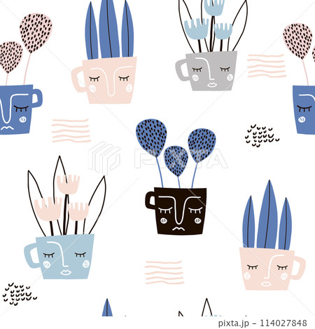 Seamless pattern with plants in facepots. Creative modern floral texture. Great for fabric, textile Vector Illustration Seamless pattern with plants in facepots. Creative modern floral texture. Great for fabric, textile Vector Illustration 114027848