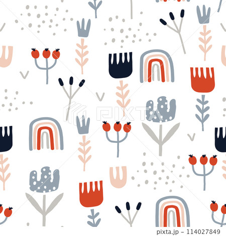 Seamless pattern with flowers, branches and rainbows. Creative sacndinavian floral texture. Great for fabric, textile Vector Illustration 114027849