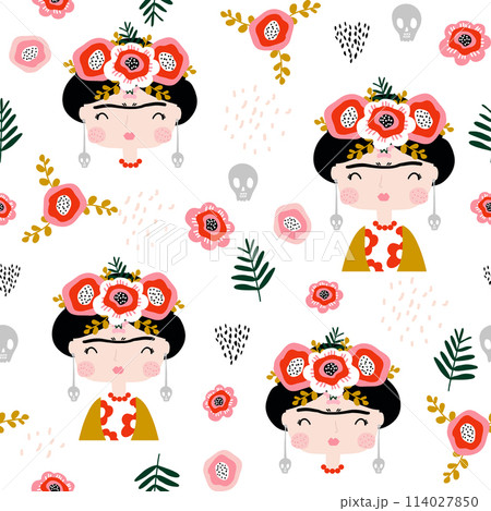 Seamless childish pattern Frida Kahlo portrait . Creative kids hand drawn texture for fabric, wrapping, textile, wallpaper, apparel. Vector illustration 114027850