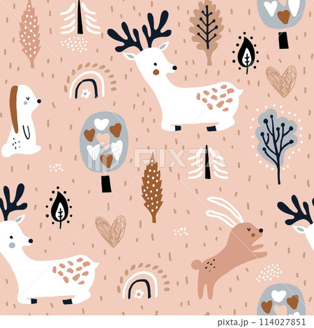 Seamless childish pattern with jumping rabbits, deers in the forest. Creative woodland texture for fabric, wrapping, textile, wallpaper, apparel. Vector illustration 114027851