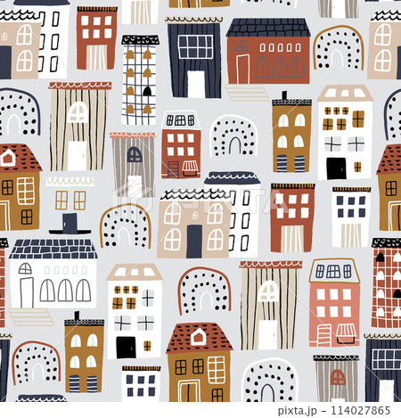 Abstract eamless pattern with hand drawn city design. Trendy kids vector background. Perfect for kids apparel, fabric, textile 114027865