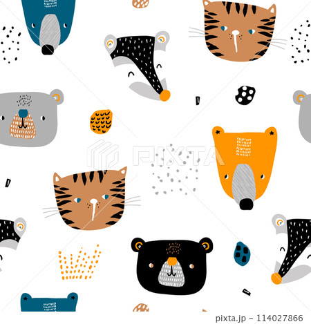 Seamless childish pattern with cute animal faces and hand drawn textures. Creative kids hand drawn texture for fabric, wrapping, textile, wallpaper, apparel. Vector illustration 114027866