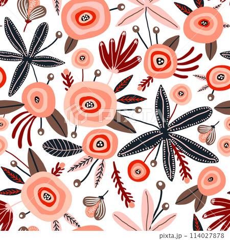 Seamless pattern with flowers, berries and leaves. Creative floral texture. Great for fabric, textile Vector Illustration 114027878