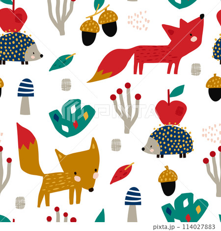 Seamless autumn pattern with fox, mushrooms and hedgehog. Creative autumn texture for fabric, wrapping, textile, wallpaper, apparel. Vector illustration Seamless autumn pattern with fox, mushrooms and hedgehog. Creative autumn texture for fabric, wrapping, textile, wallpaper, apparel. Vector illustration 114027883