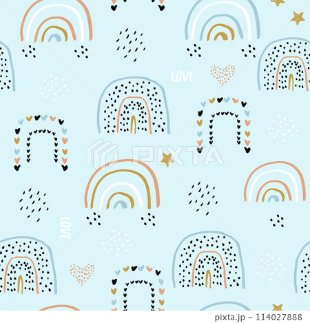 Childish seamless pattern with hand drawn rainbows on blue background. Trendy kids vector texture. Childish seamless pattern with hand drawn rainbows on blue background. Trendy kids vector texture. 114027888