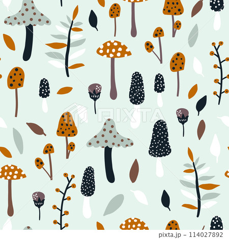 Seamless jungle pattern with mushrooms and floral elements. Creative autumn texture for fabric, wrapping, textile, wallpaper, apparel. Vector illustration 114027892