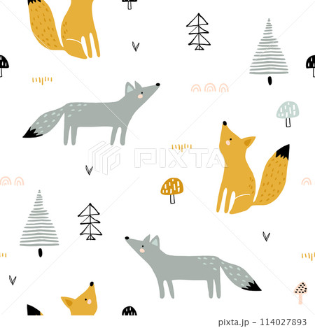 Seamless forest pattern with foxes, trees, mushrooms. Creative minimalistic kids for fabric, wrapping, textile, wallpaper, apparel. Vector illustration 114027893