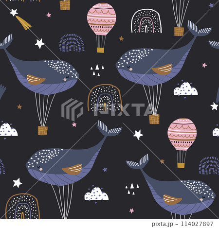 Seamless childish pattern with sleeping whales hot air balloons. Creative kids hand drawn texture for fabric, wrapping, textile, wallpaper, apparel. Vector illustration Seamless childish pattern with sleeping whales hot air balloons. Creative kids hand drawn texture for fabric, wrapping, textile, wallpaper, apparel. Vector illustration 114027897