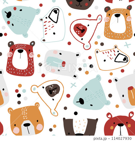 Seamless childish pattern with cute bear faces. Creative kids hand drawn texture for fabric, wrapping, textile, wallpaper, apparel. Vector illustration Seamless childish pattern with cute bear faces. Creative kids hand drawn texture for fabric, wrapping, textile, wallpaper, apparel. Vector illustration 114027930