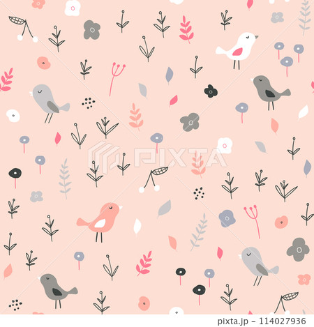 Seamless childish pattern with tiny birds and floral elements. Creative scandinavian style kids texture for fabric, wrapping, textile, wallpaper, apparel. Vector illustration 114027936