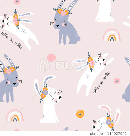 Seamless pattern with cute jumping rabbits. Creative scandinavian style for children textures for fabric, packaging, textiles, wallpaper, clothes. Vector illustration 114027942