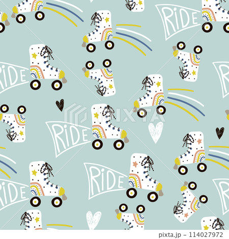 Seamless childish pattern with colorful roller skates. Creative scandinavian style kids texture for fabric, wrapping, textile, wallpaper, apparel. Vector illustration 114027972