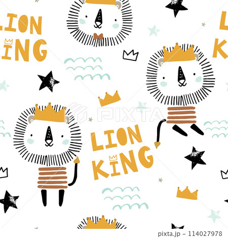 Seamless childish pattern with cute lion king, crowns, stars. Creative scandinavian style kids texture for fabric, wrapping, textile, wallpaper, apparel. Vector illustration 114027978