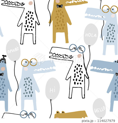 Seamless childish pattern with funny hand drawn crocodiles with balloons Creative scandinavian style kids texture for fabric, wrapping, textile, wallpaper, apparel. Vector illustration 114027979