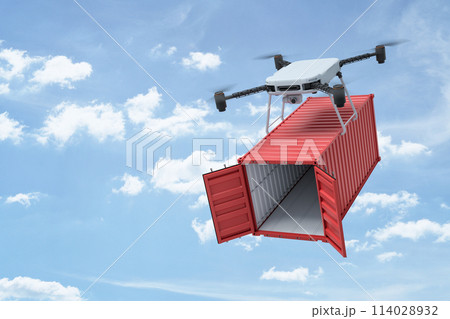 3d rendering of camera quadcopter carrying small open empty red cargo container in blue sky. 114028932