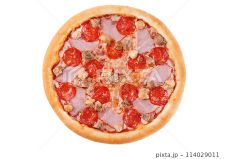 Appetizing Pepperoni Pizza on a white background isolate for a food delivery site, 114029011