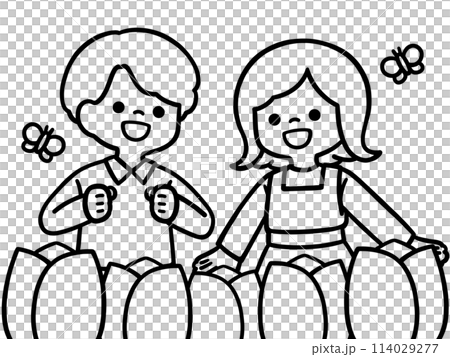 A monochrome illustration of children having fun looking at tulips that can also be enjoyed as a coloring book. A monochrome illustration of children having fun looking at tulips that can also be enjoyed as a coloring book. 114029277