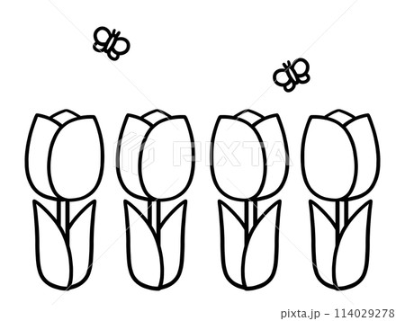 塗り絵としても楽しめるチューリップのモノクロイラスト 114029278