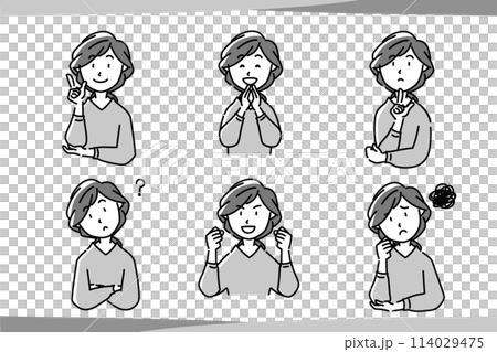 Illustration set of women with various expressions_04 monochrome 114029475