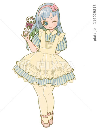鍵を持ってウィンクするエプロンドレスの女の子のイラスト素材