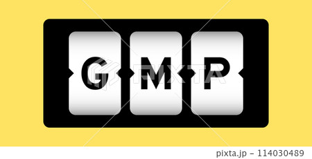 Black color in word GMP (Abbreviation of good manufacturing practice) on slot banner with yellow color background 114030489