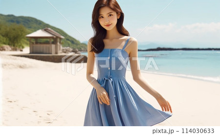 海辺に立つ若い女性モデル 114030633