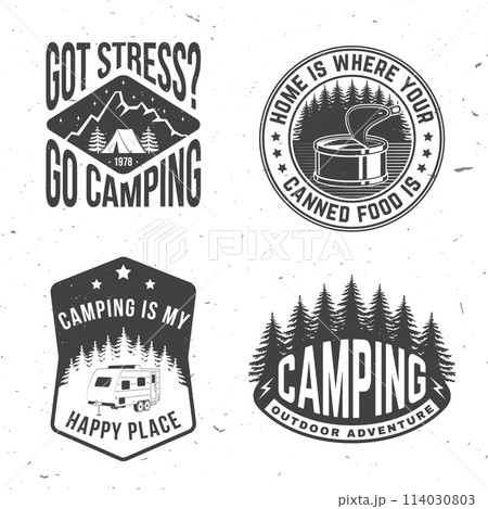 Set of camping related typographic quote for sticker, badges, patches . Vector illustration. Concept for shirt or logo, print, stamp or tee. Vintage typography design with forest, mountains and starry 114030803