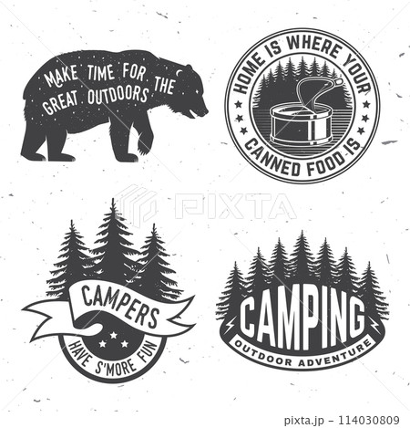 Set of camping related typographic quote for sticker, badges, patches . Vector illustration. Vintage typography design with forest, mountains, canned fish, bear and starry night sky silhouette Set of camping related typographic quote for sticker, badges, patches . Vector illustration. Vintage typography design with forest, mountains, canned fish, bear and starry night sky silhouette 114030809