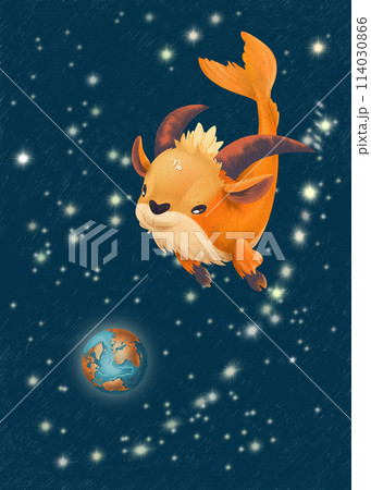 Cute Capricorn character against the background of the starry sky. Cute Capricorn character against the background of the starry sky. 114030866