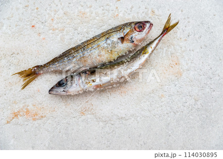 Whole raw organic mackerel fish with sea salt lying on a flat white surface 114030895