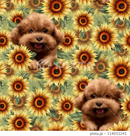 Seamless pattern with cute poodle dogs and sunflowers. Floral background with puppies 114031241