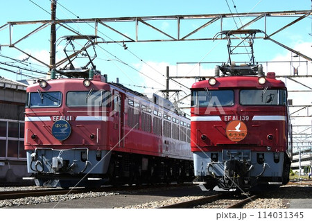 車両基地に停車するEF81形電気機関車(81号機と139号機) 車両基地に停車するEF81形電気機関車(81号機と139号機) 114031345