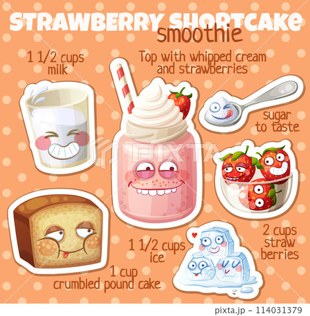 Strawberry Shortcake smoothie recipe illustration with funny characters. Milkshake ingredients icons 114031379