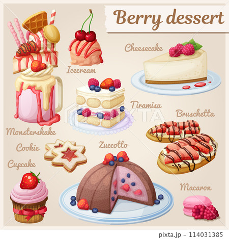 Berry dessert collection. Cartoon style icons. Strawberry, raspberry, blueberry and cherry sweet food illustration set. Berry dessert collection. Cartoon style icons. Strawberry, raspberry, blueberry and cherry sweet food illustration set. 114031385