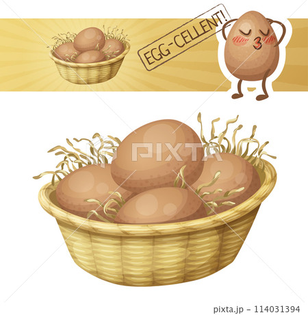 Chicken eggs in basket icon. illustration with cute cartoon egg charatcer 114031394