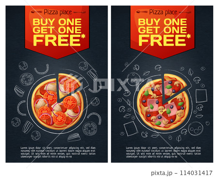 Menu fastfood flyer with pizza icon on chalkboard background vertical format, cartoon illustration Menu fastfood flyer with pizza icon on chalkboard background vertical format, cartoon illustration 114031417
