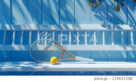 ベンチに置かれたテニスラケットとボール 114031586