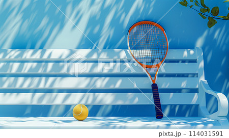 ベンチに置かれたテニスラケットとボール 114031591