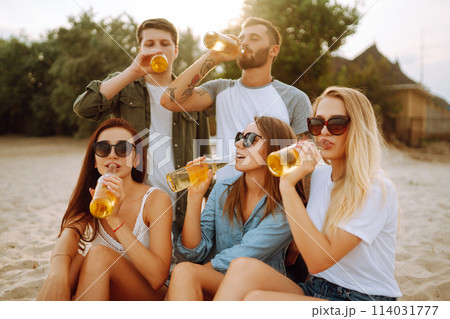 Group of friends cheers and drink beers on the beach. Young friends relaxing and having picnic. Suummertime. Group of friends cheers and drink beers on the beach. Young friends relaxing and having picnic. Suummertime. 114031777