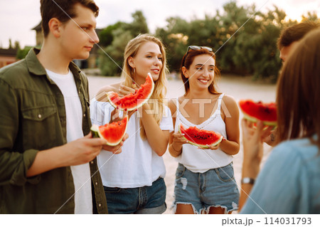 Young friends relaxing on the beach and eating watermelon. People, summer lifestyle 114031793