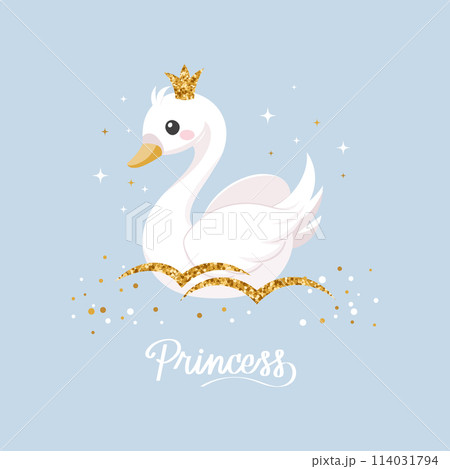 Little swan princess with a golden crown on a blue background. Cute illustration for fashion print, greeting cards, nursery bedroom decoration. Vector Little swan princess with a golden crown on a blue background. Cute illustration for fashion print, greeting cards, nursery bedroom decoration. Vector 114031794