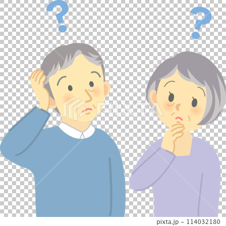 An elderly couple facing each other, looking up at the sky with troubled expressions, the grandfather scratching his head 114032180