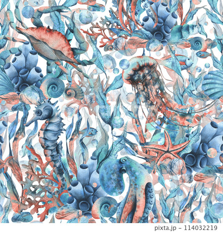 Underwater world clipart with sea animals whale, turtle, octopus, seahorse, starfish, shells, coral and algae. Hand drawn watercolor illustration. Seamless pattern on a white background Underwater world clipart with sea animals whale, turtle, octopus, seahorse, starfish, shells, coral and algae. Hand drawn watercolor illustration. Seamless pattern on a white background 114032219