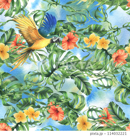 Tropical palm leaves, monstera and flowers of plumeria, hibiscus, bright juicy with blue-yellow macaw parrot. Hand drawn watercolor botanical illustration. Seamless pattern on the blue background. 114032221