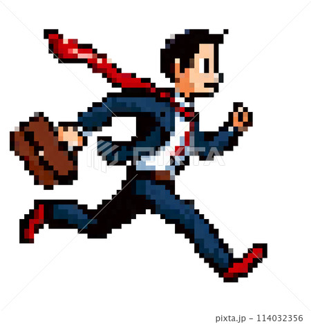 ビジネスバッグを持って走っているスーツ姿の会社員のドット絵 114032356